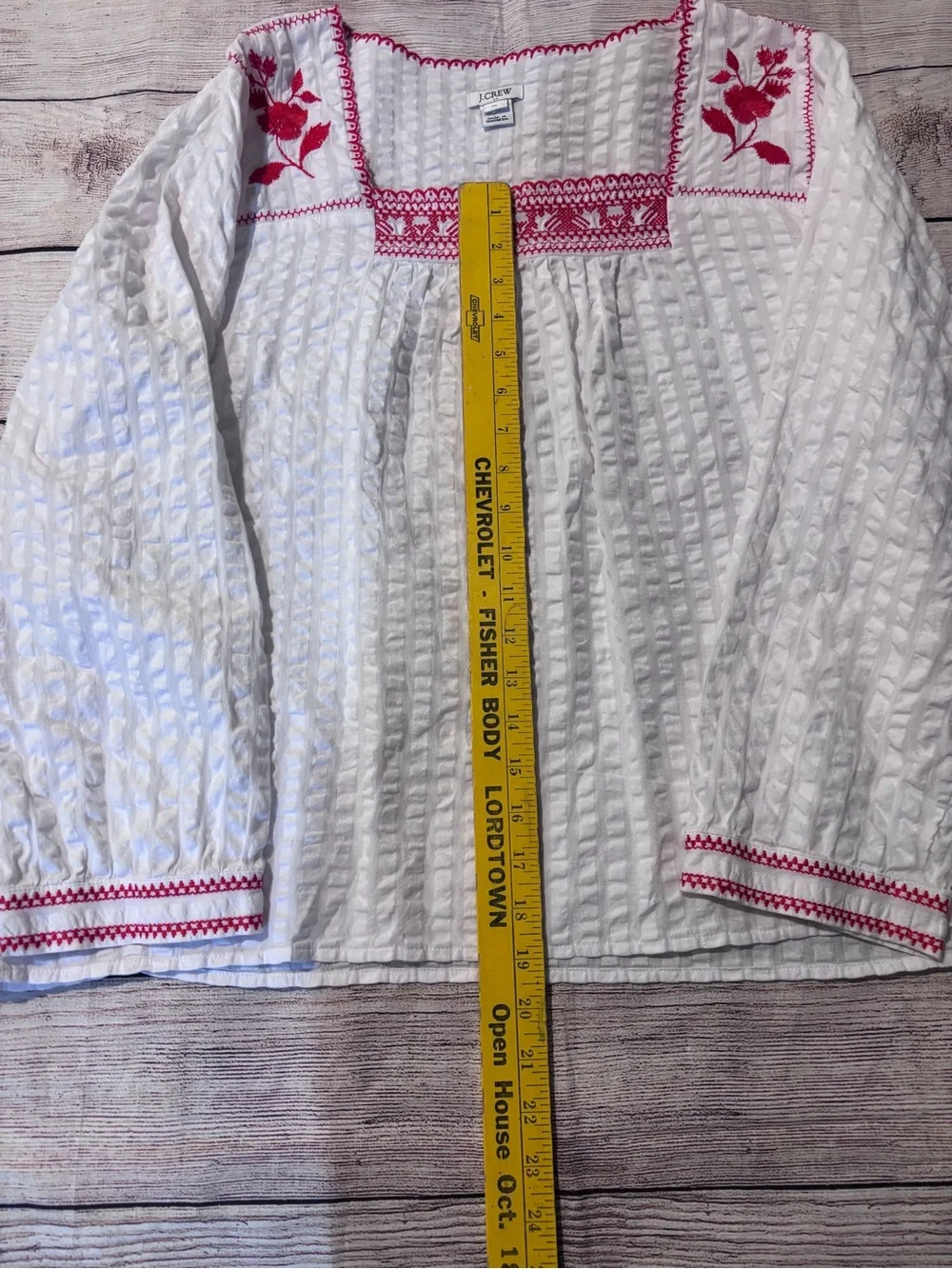 J. Crew White Peasant Blouse with Red Embroidery